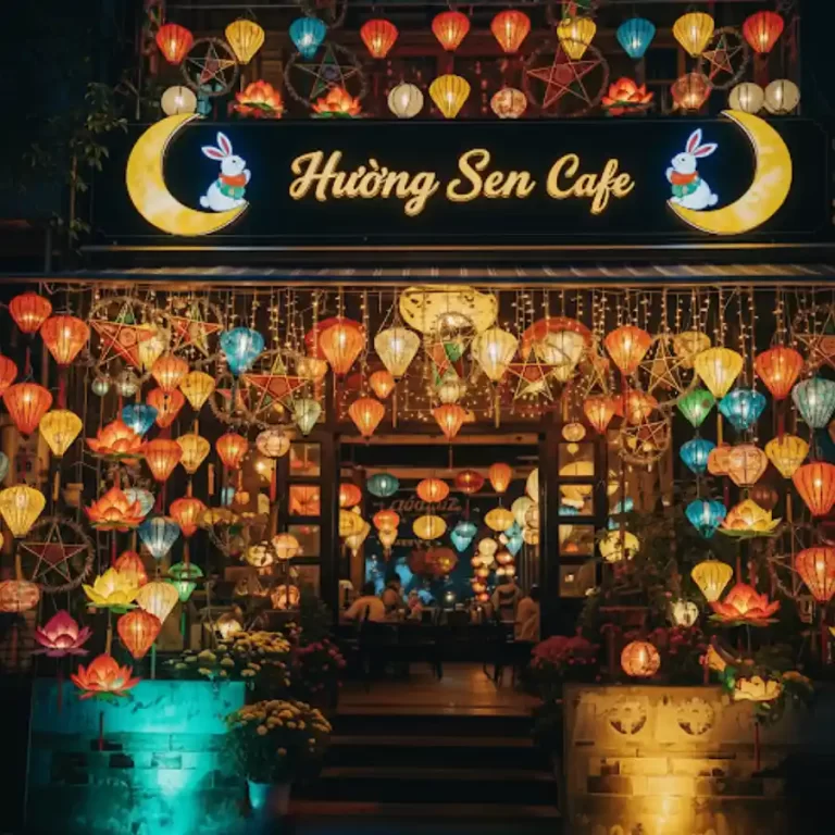 đèn pha led đổi màu trang trí mặt tiền quán cà phê mùa Trung Thu