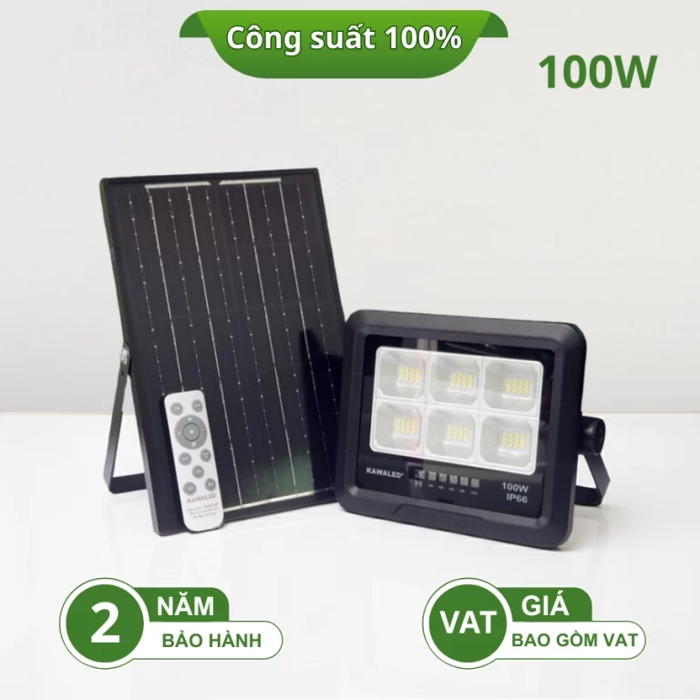 Đèn pha năng lượng mặt trời 100W chính hãng kèm pin và remote