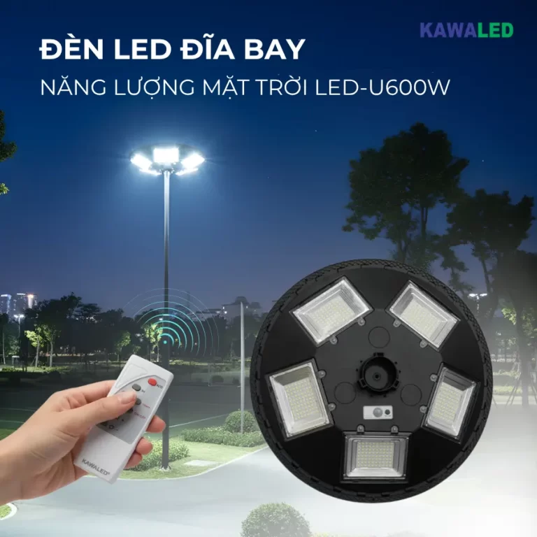 Đèn LED đĩa bay năng lượng mặt trời 600W Kawaled điều khiển từ xa, chiếu sáng mạnh ngoài trời.