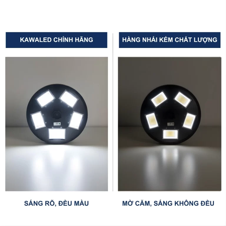 So sánh đèn năng lượng mặt trời 600W Kawaled chính hãng và hàng nhái kém chất lượng.