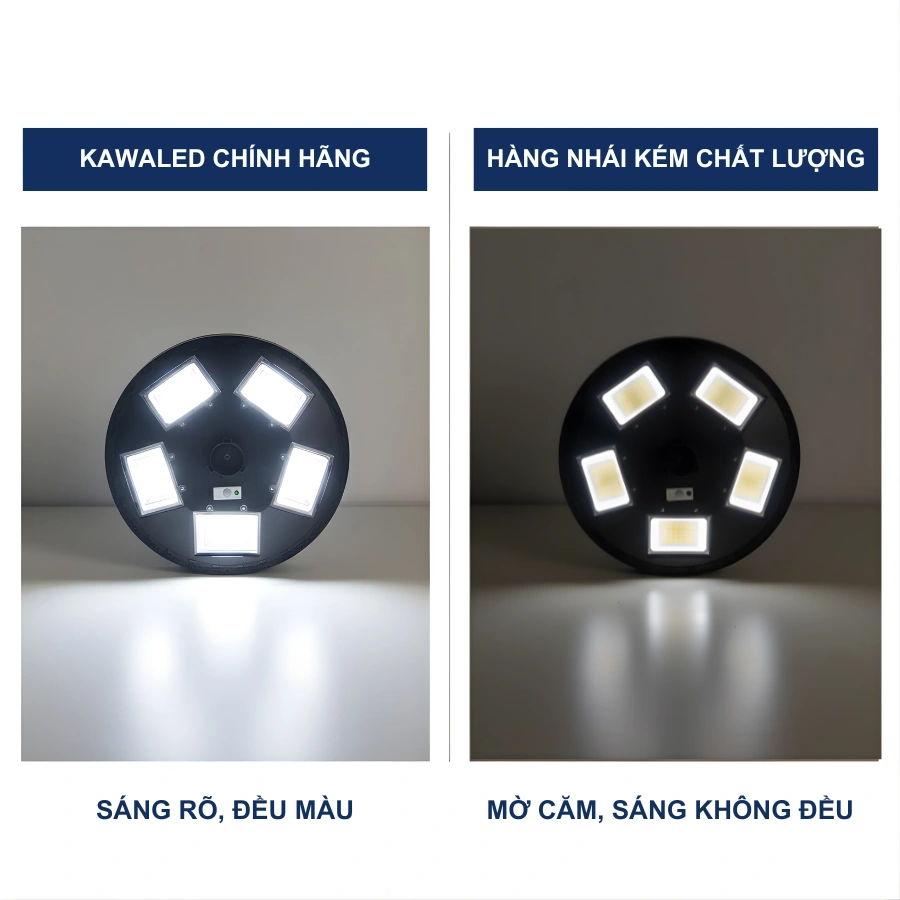 So sánh đèn năng lượng mặt trời 600W Kawaled chính hãng và hàng nhái kém chất lượng.