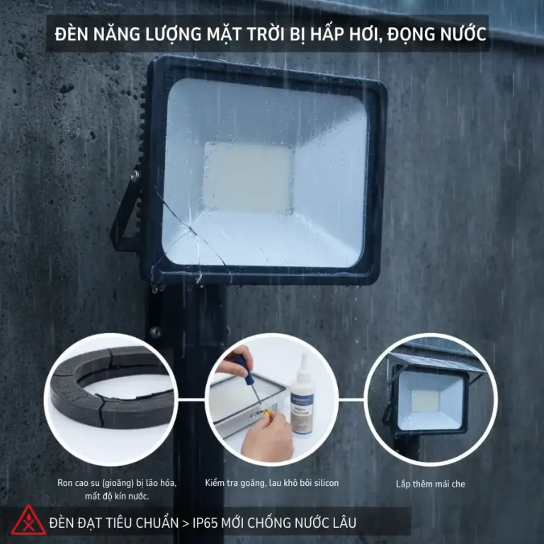 Đèn năng lượng mặt trời bị hấp hơi, đọng nước – nguyên nhân và cách khắc phục ron cao su bị lão hóa, mất độ kín nước.