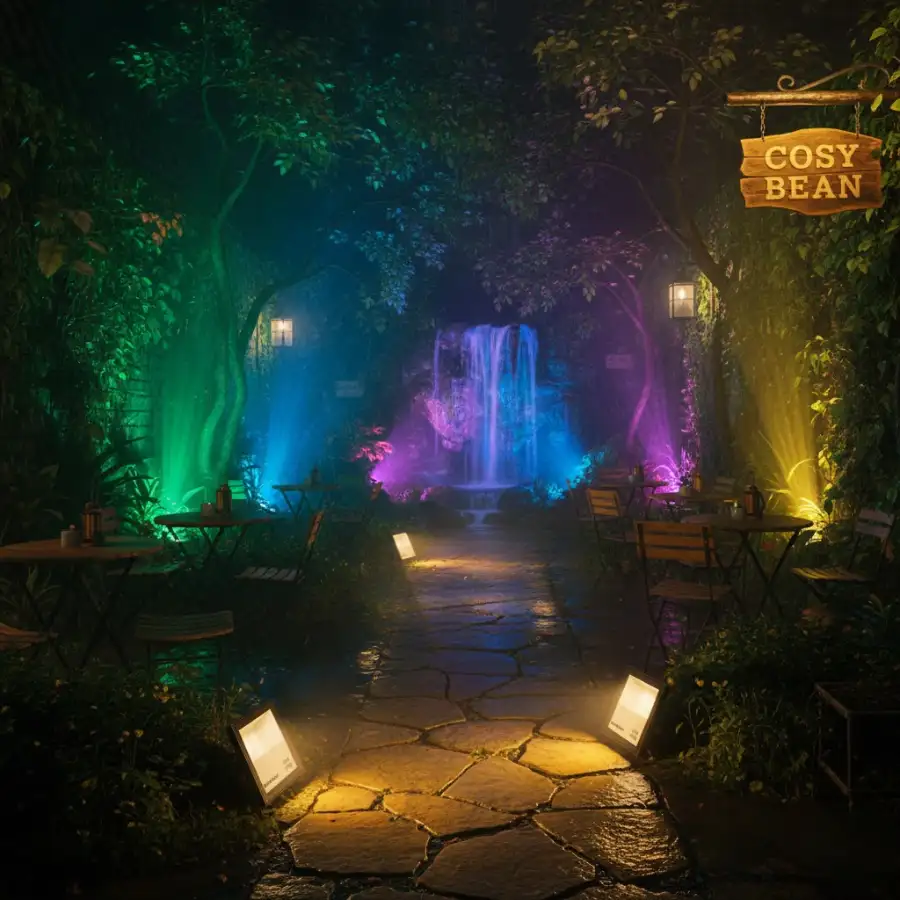Đèn FL-RGB2 chiếu sáng lối đi và thác nước tạo không gian nghệ thuật trong quán café.