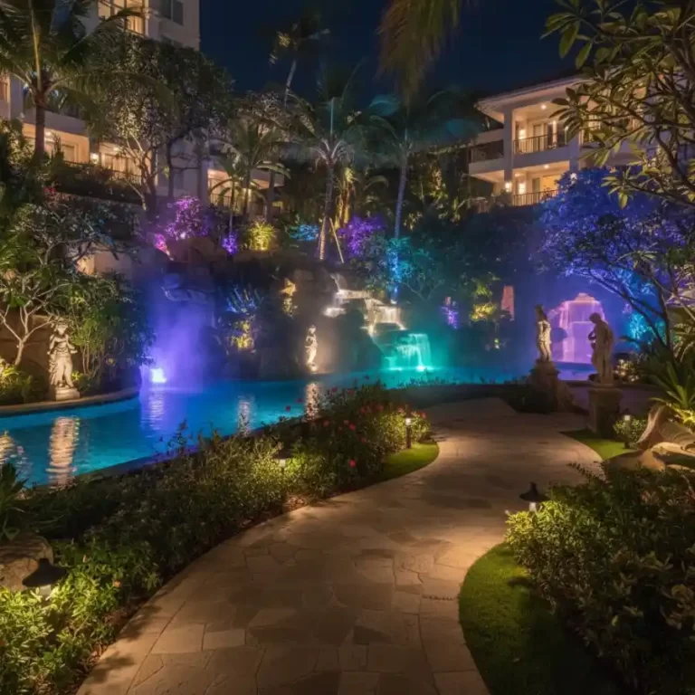 Tiểu cảnh resort được chiếu sáng bằng đèn pha FL-RGB2 tạo chiều sâu ánh sáng nghệ thuật.