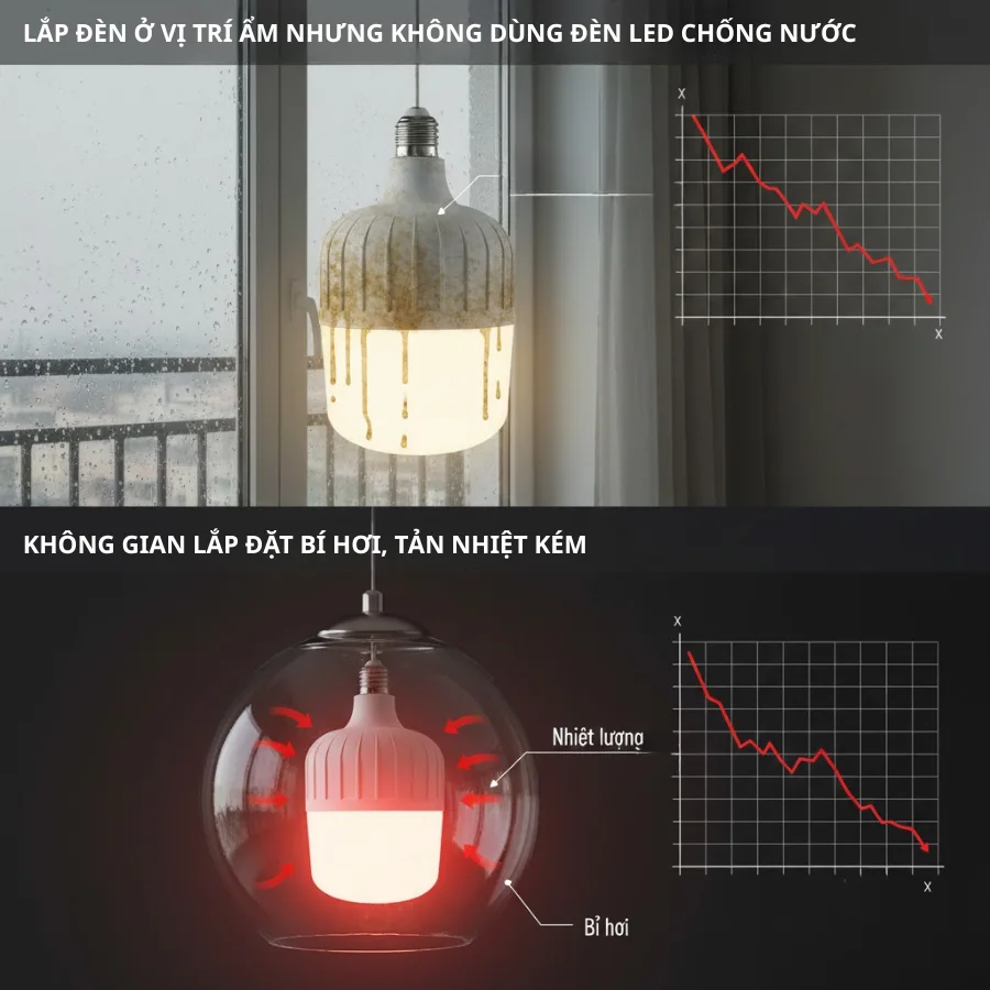 Đèn LED lắp ở môi trường ẩm nhưng không dùng loại chống nước và đèn lắp trong chụp kín gây bí nhiệt.