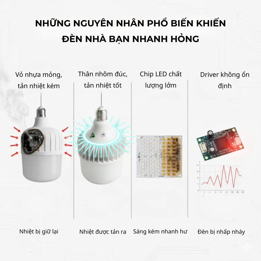 Những nguyên nhân phổ biến khiến đèn LED hỏng nhanh: vỏ nhựa, driver yếu, chip kém, tản nhiệt kém.