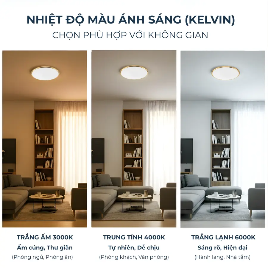 Ba mức nhiệt độ màu 3000K, 4000K và 6000K giúp người dùng chọn ánh sáng phù hợp cho phòng ngủ, phòng khách hoặc hành lang.