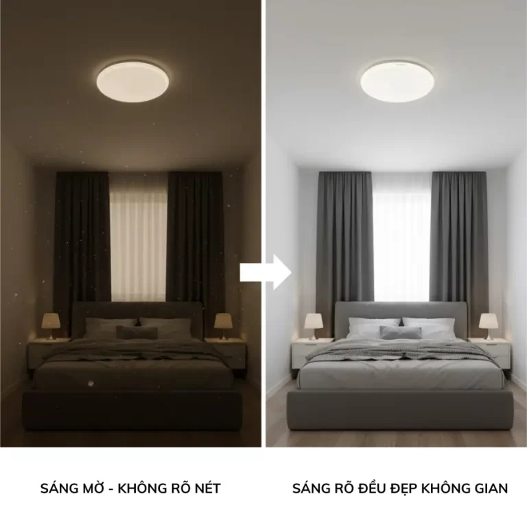 So sánh đèn ánh sáng mờ và đèn ốp trần Kawaled sáng rõ đều, tăng thẩm mỹ không gian.