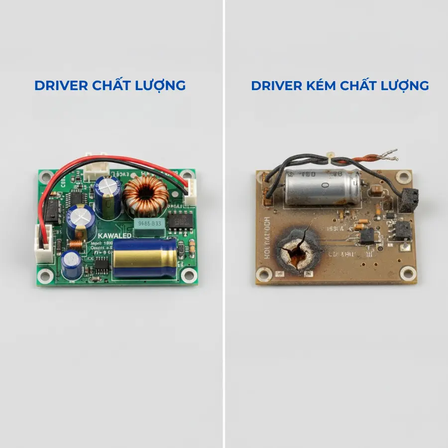 So sánh driver đèn LED ốp trần chất lượng cao của Kawaled với driver kém chất lượng dễ cháy nổ, giúp người dùng thấy rõ sự khác biệt.