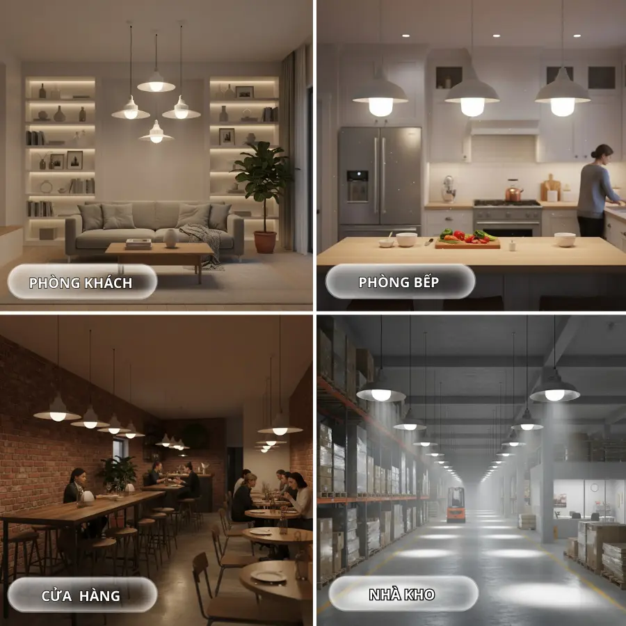 Ứng dụng đèn LED trụ Kawaled trong phòng khách, phòng bếp, cửa hàng và nhà kho.