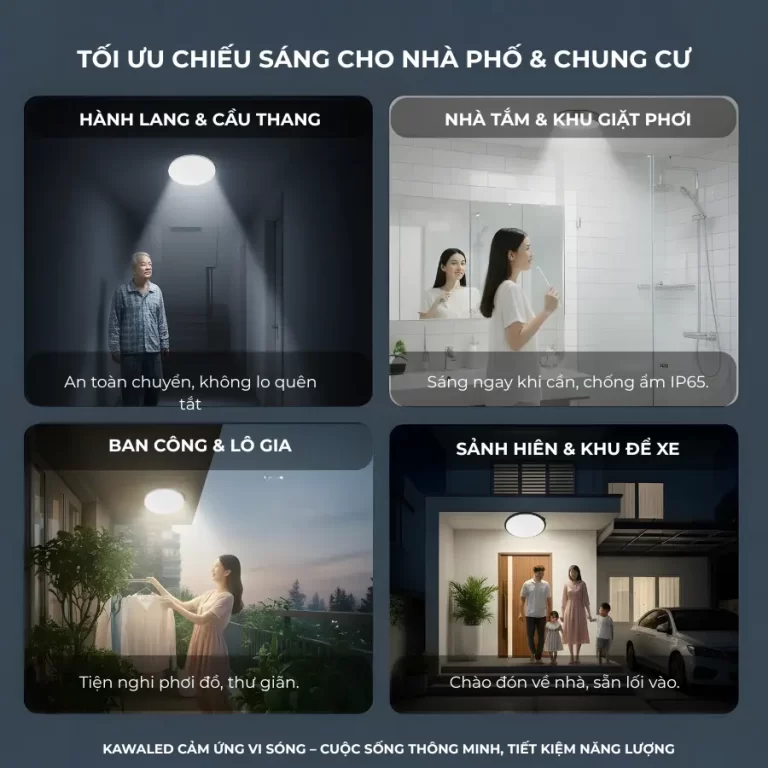 đèn ốp trần cảm ứng vi sóng, đèn ốp trần thông minh, đèn led tiết kiệm điện Kawaled