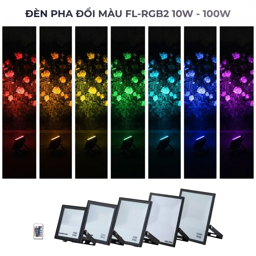 Dải màu đèn pha FL-RGB2 các công suất từ 10W đến 100W với nhiều màu sắc nghệ thuật.