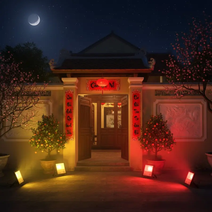 Đèn pha LED đổi màu trang trí Tết trước nhà với ánh sáng đỏ và vàng theo phong thủy.