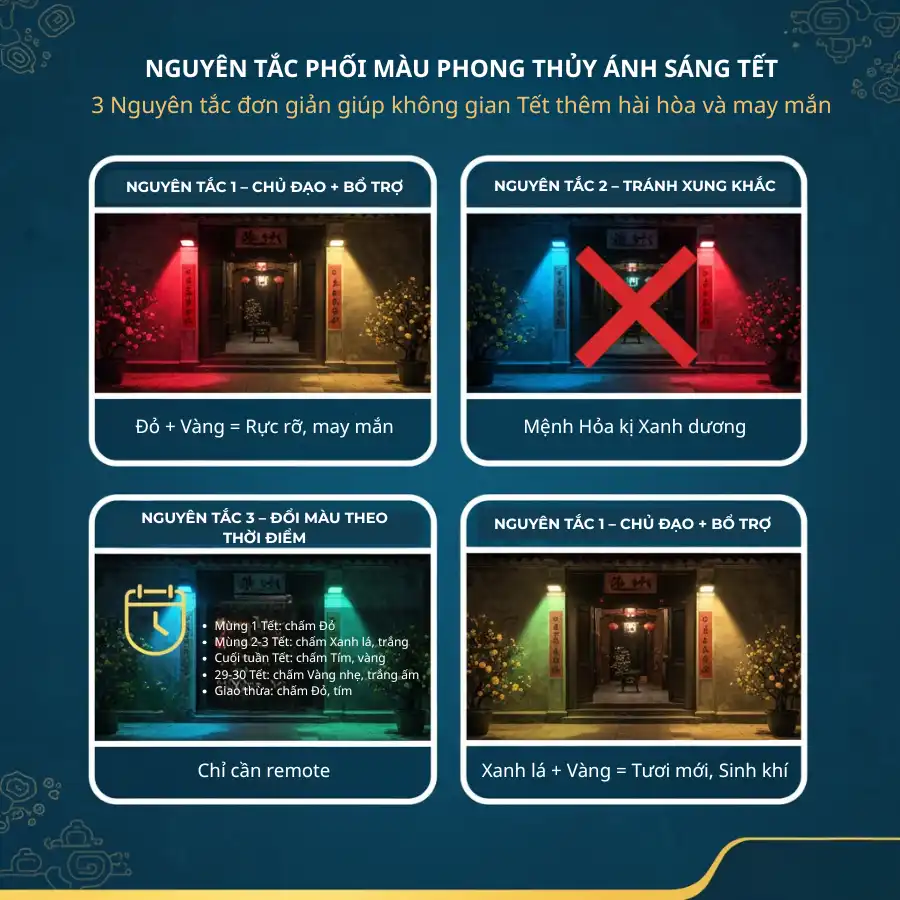 Nguyên tắc phối màu phong thủy khi sử dụng đèn pha LED đổi màu trong dịp Tết.