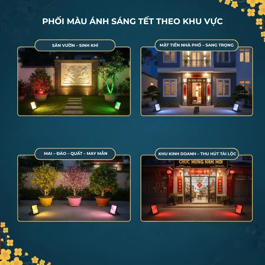 Gợi ý phối màu ánh sáng Tết theo khu vực như sân vườn, mặt tiền, mai – đào – quất.