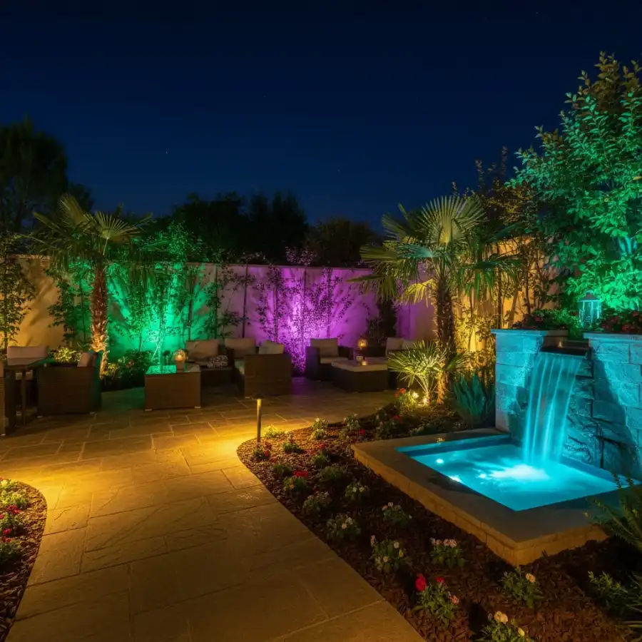 Không gian sân vườn được chiếu sáng bằng đèn pha đổi màu ngoài trời FL-RGB2.