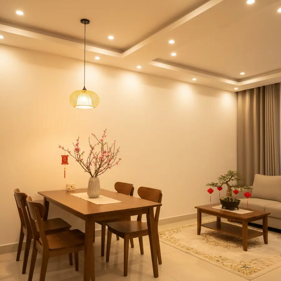 Ánh sáng trong nhà hài hòa giúp không gian sáng đẹp và ấm áp dịp cuối năm