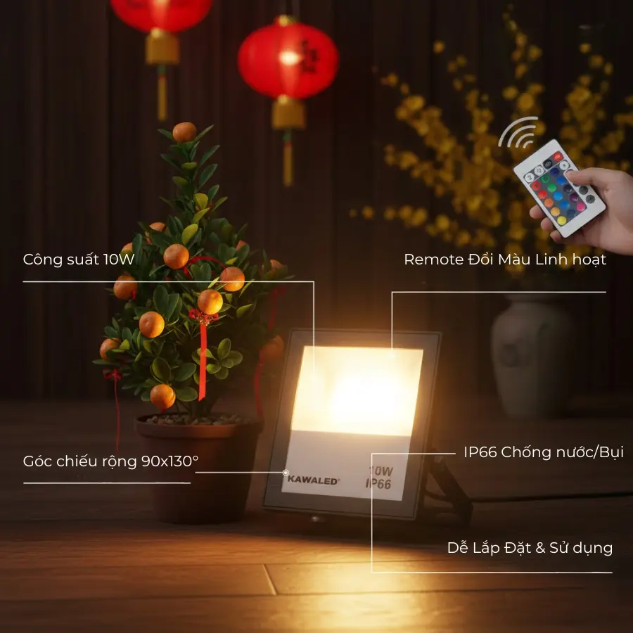 Đèn pha LED FL10W-RGB2 đổi màu với công suất 10W, điều khiển remote, IP66 chống nước.