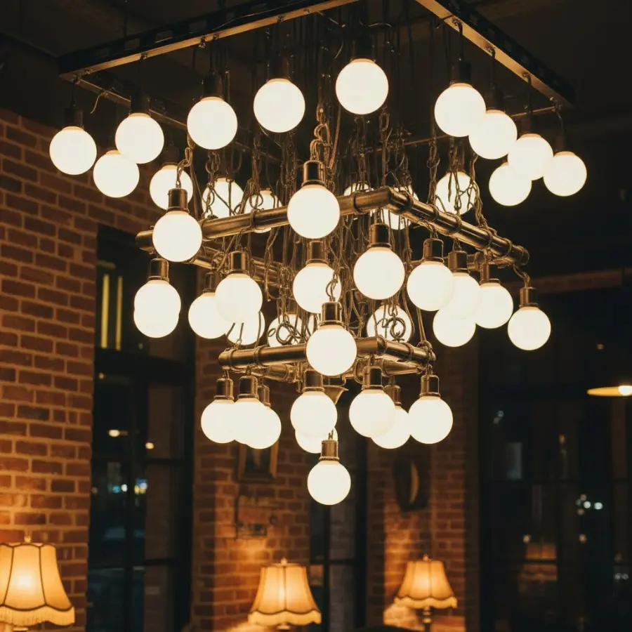 bóng led tròn vàng ấm treo trần decor quán cafe vintage