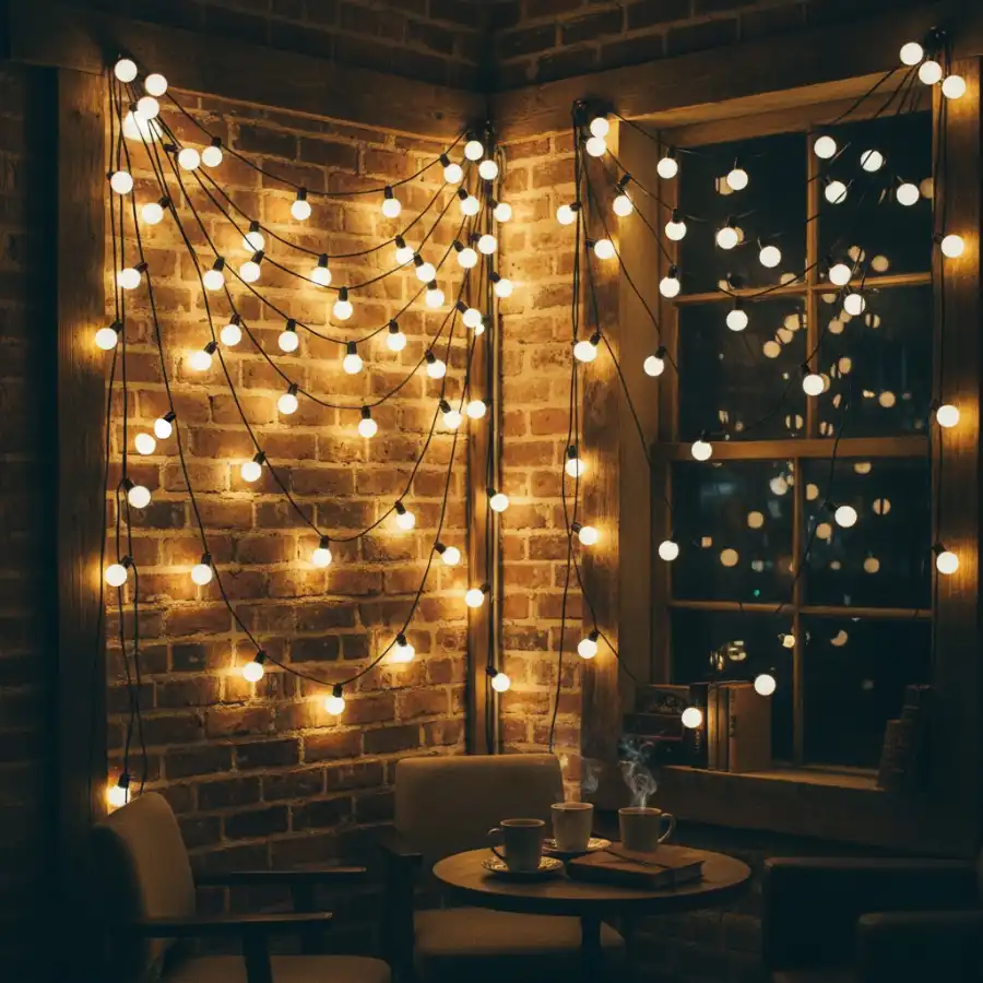 dây đèn led tròn vàng ấm treo nhiều tầng decor quán cafe vintage