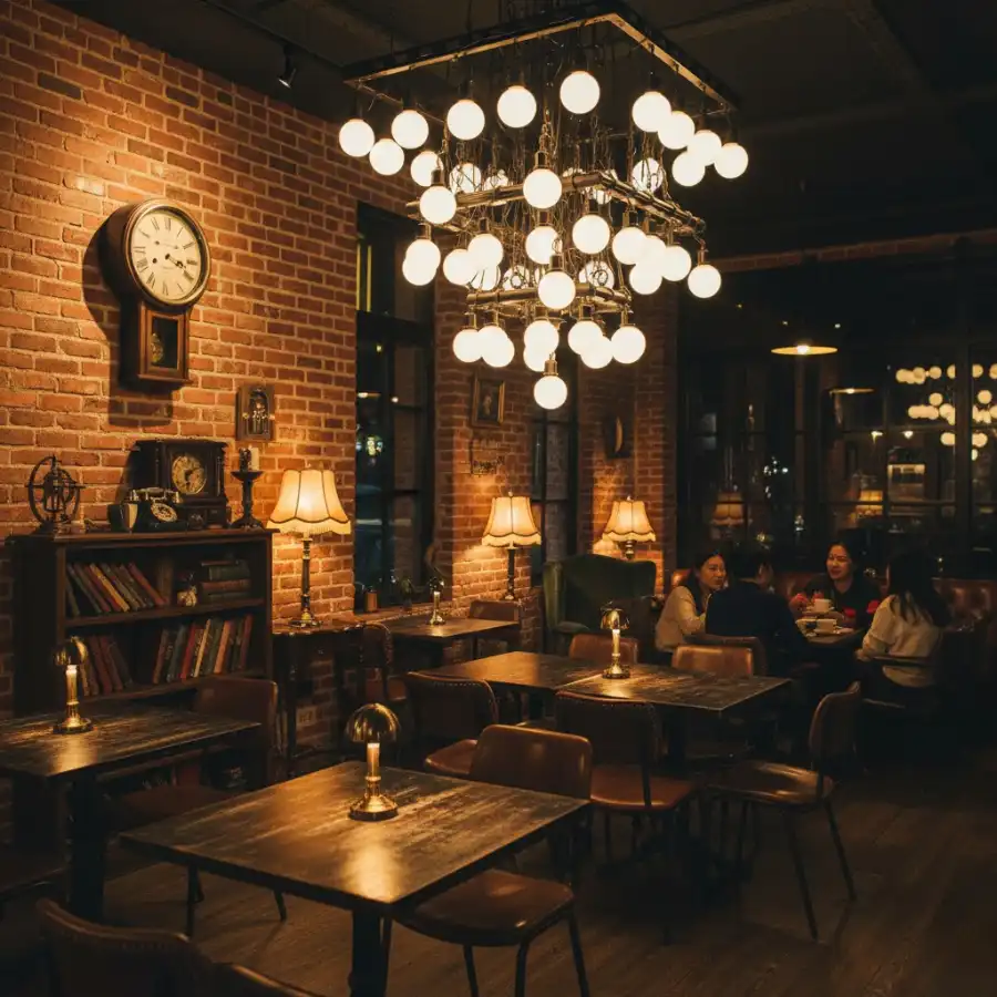 đèn led tròn vàng ấm decor quán cafe vintage retro