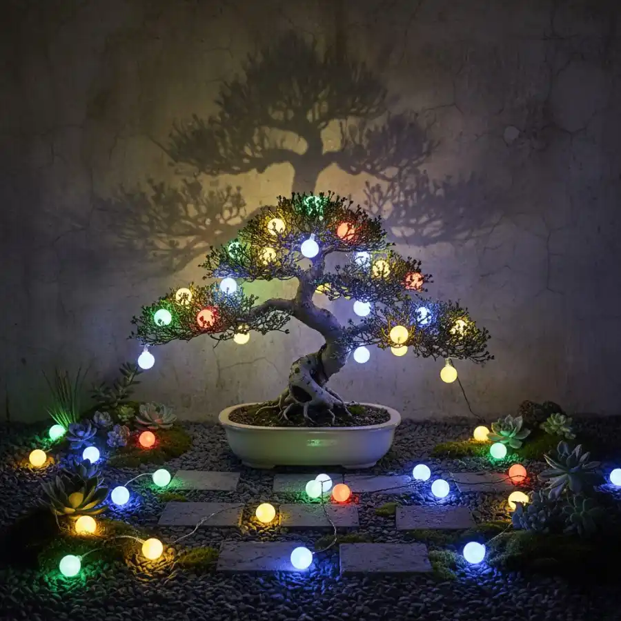 bóng đèn màu ngoài trời trang trí tiểu cảnh bonsai trong sân vườn