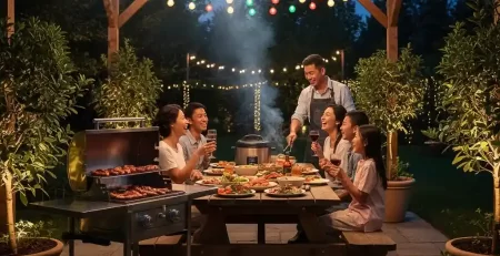 đèn trang trí sân vườn bằng bóng đèn màu thích hợp cho tiệc BBQ ngoài trời