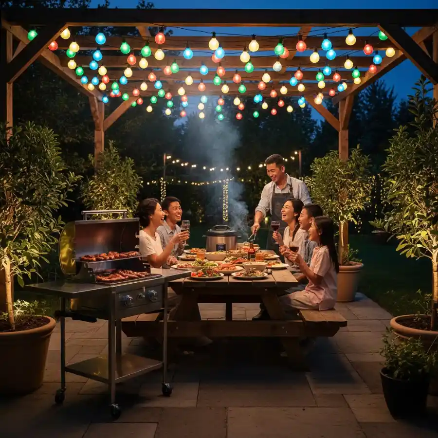 đèn trang trí sân vườn bằng bóng đèn màu thích hợp cho tiệc BBQ ngoài trời