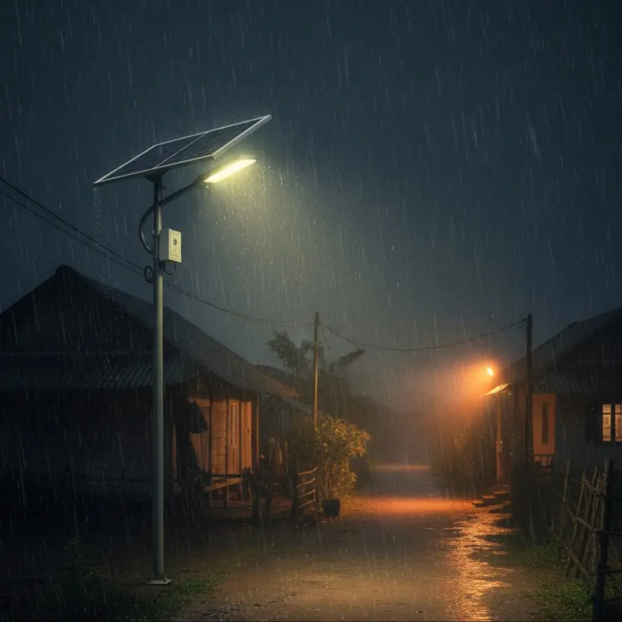 Đèn năng lượng mặt trời chiếu sáng ngoài trời trong điều kiện mưa và thời tiết âm u