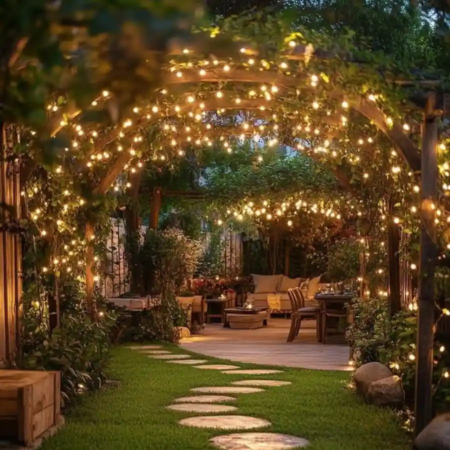 đèn trang trí ngoài trời chống nước tạo không gian sân vườn chill bằng dây đèn vàng