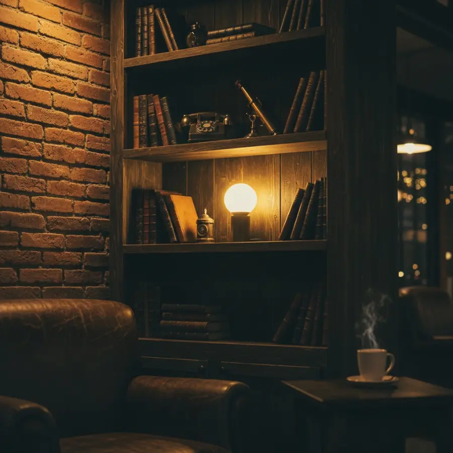 bóng led tròn vàng ấm trang trí kệ gỗ quán cafe vintage