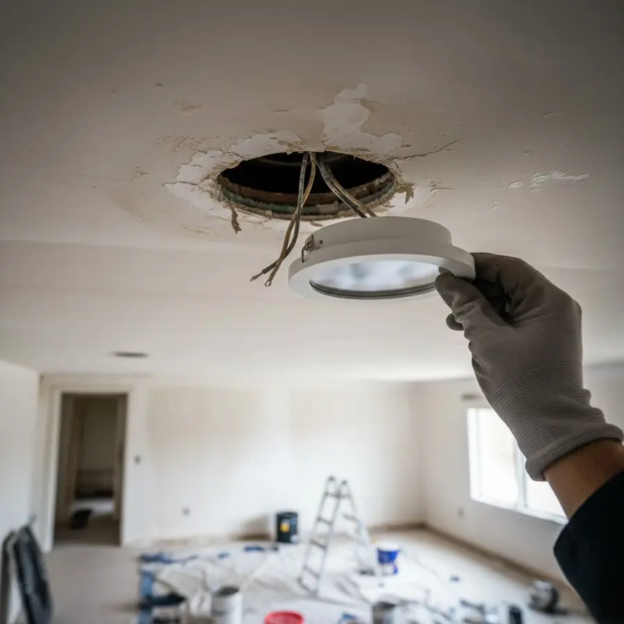Lỗ khoét đèn âm trần cũ trên trần thạch cao nhà sửa lại