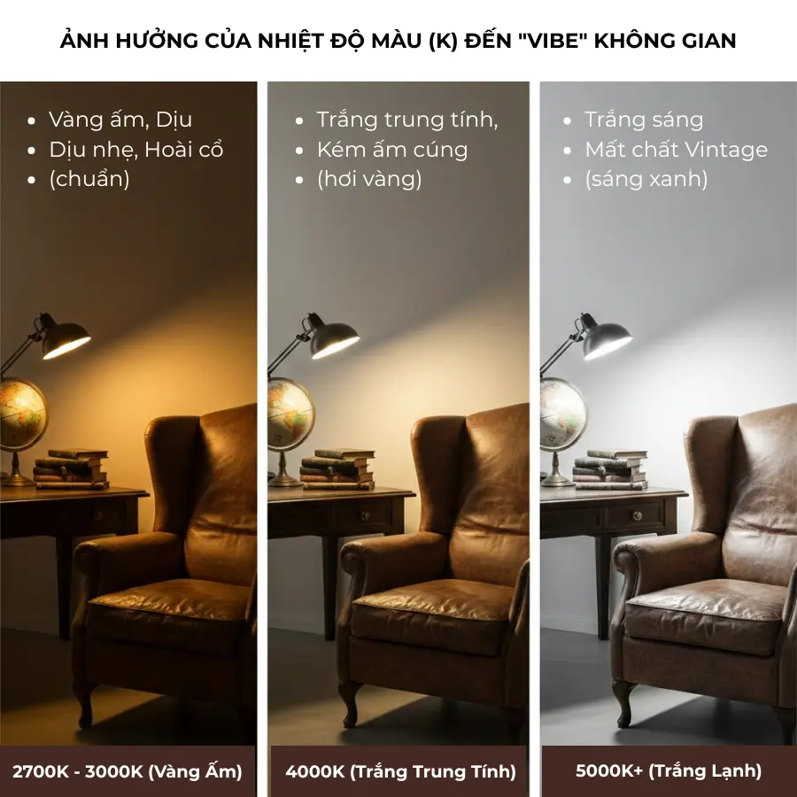 nhiệt độ màu 2700k 3000k đèn led vàng ấm decor quán cafe vintage