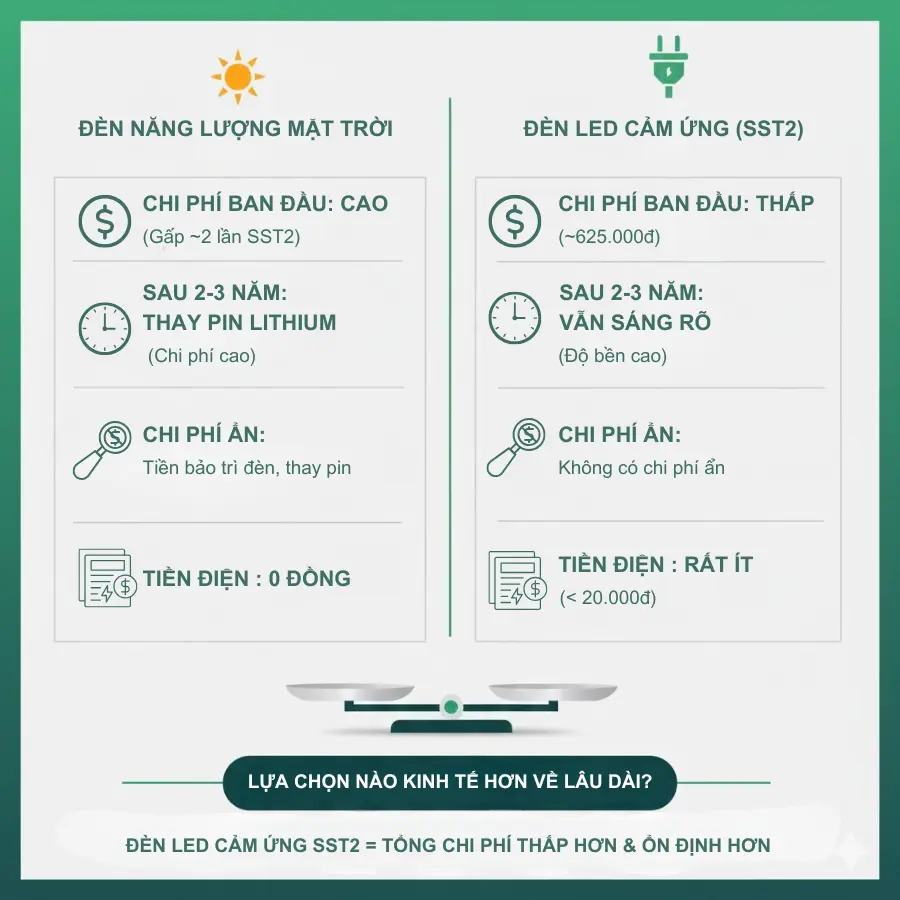 So sánh chi phí đèn năng lượng mặt trời và đèn LED cảm ứng ánh sáng SST2