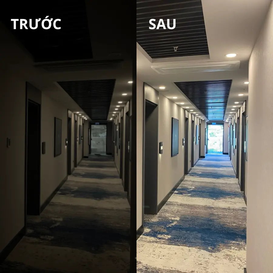 So sánh hành lang trước và sau khi thay đèn LED trần cho nhà sửa lại