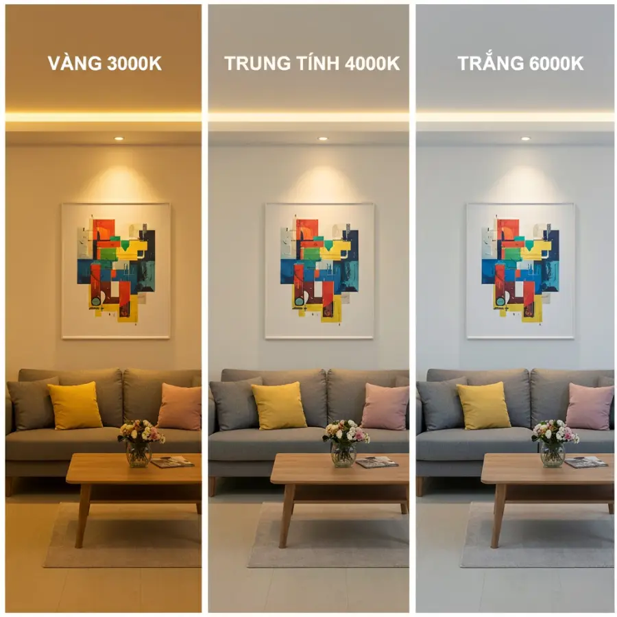 So sánh ánh sáng đèn LED trần 3000K 4000K và 6000K trong nhà ở