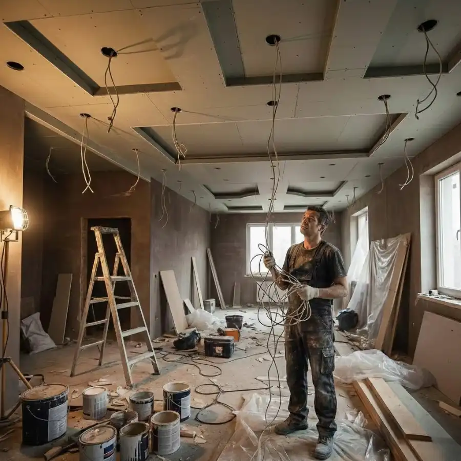 Sửa nhà cuối năm với hệ thống đèn âm trần đang thi công dở