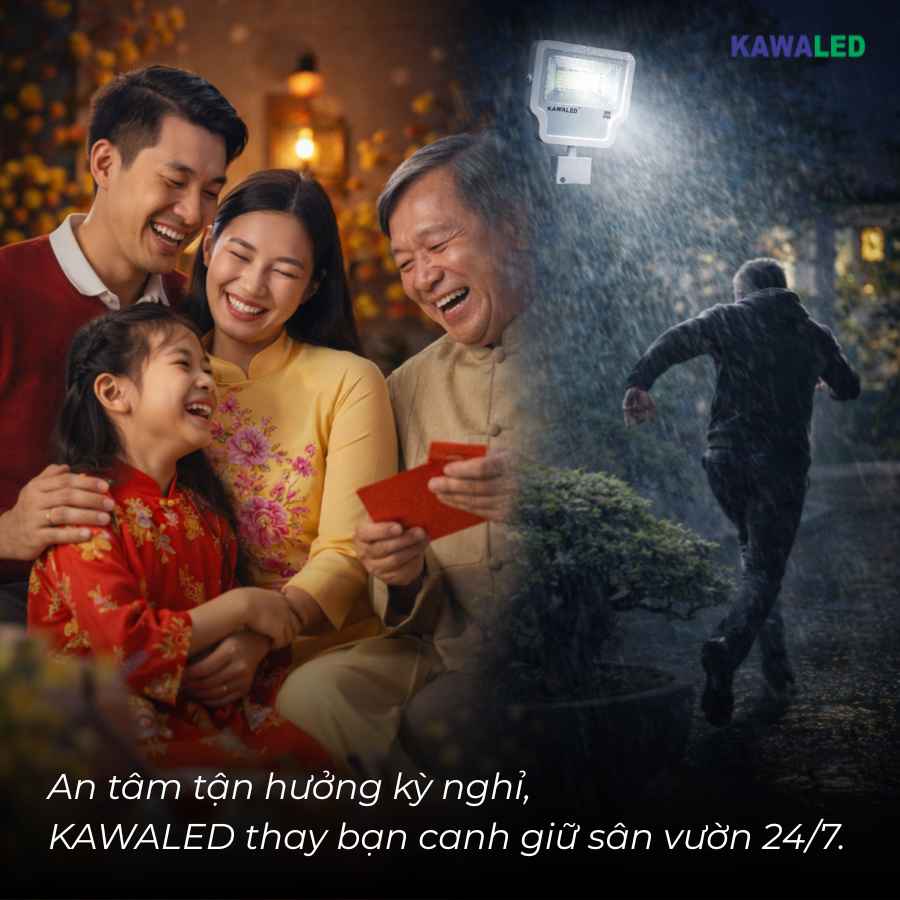 Gia đình yên tâm đi vắng dịp Tết nhờ đèn pha LED cảm ứng sân vườn