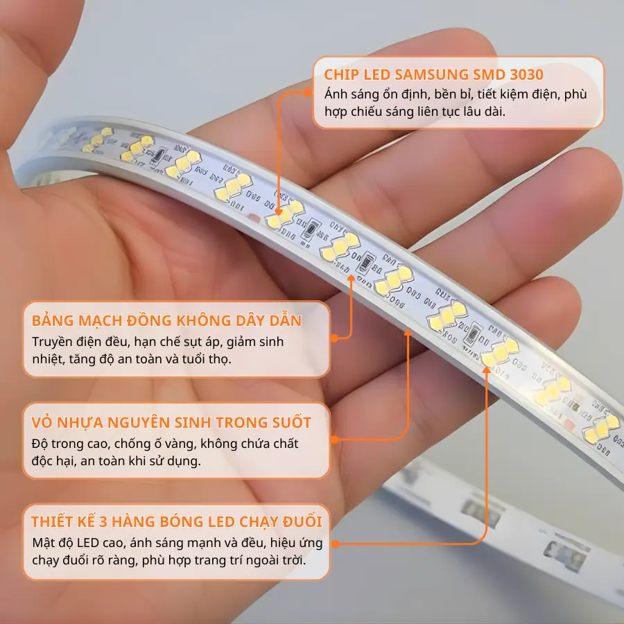 Cấu tạo chip LED Samsung 3030 và mạch đồng không dây dẫn của đèn LED dây chạy đuổi