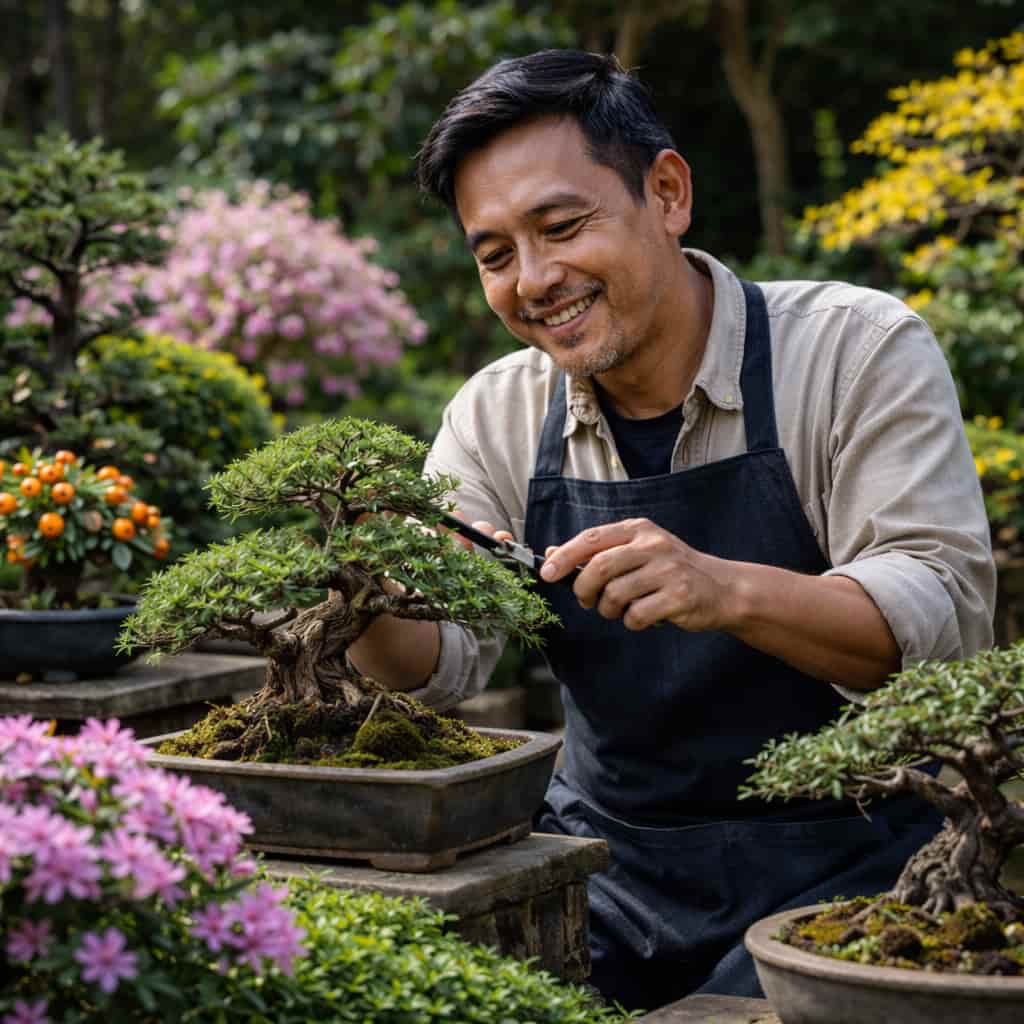 Người đàn ông chăm sóc bonsai trong vườn nhà thể hiện giá trị tinh thần của cây cảnh