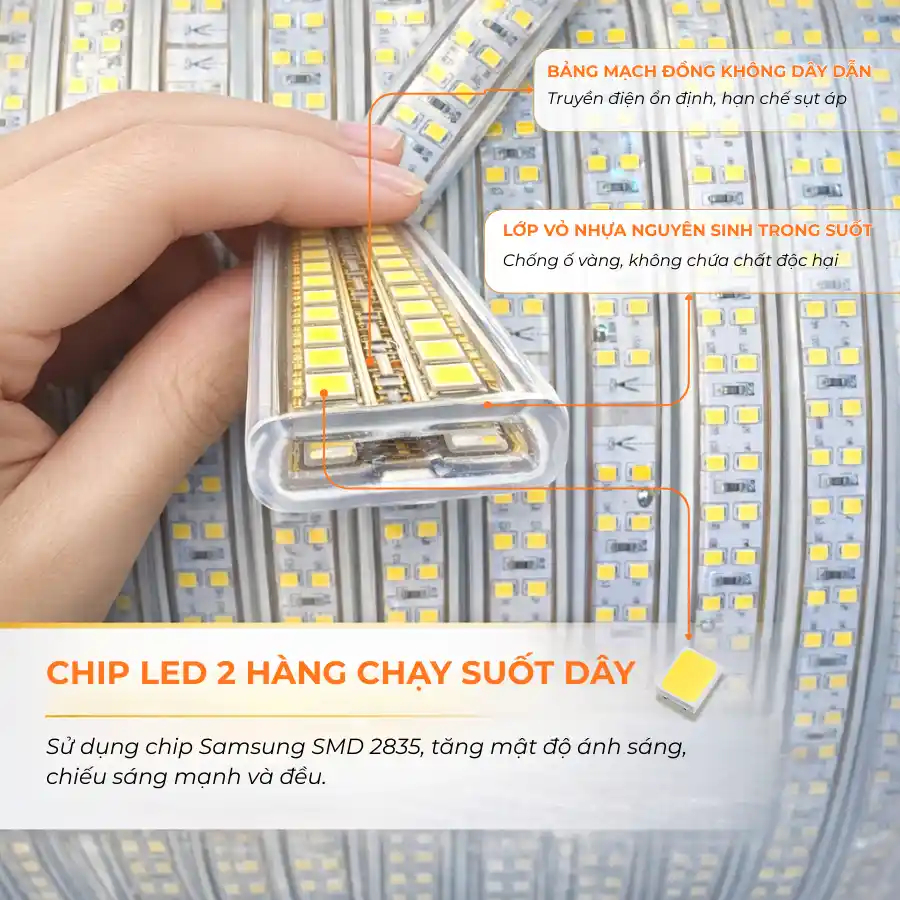 LED dây 220V 2 hàng bóng uốn cong linh hoạt theo kiến trúc