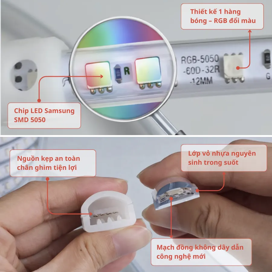 Chip LED Samsung SMD 5050 RGB trên đèn LED dây 220V FORLIFE
