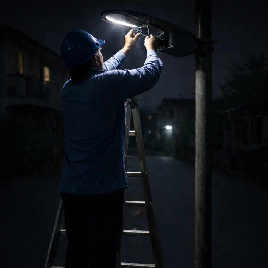 Đèn đường LED hư hỏng sau mùa mưa phải sửa chữa ban đêm