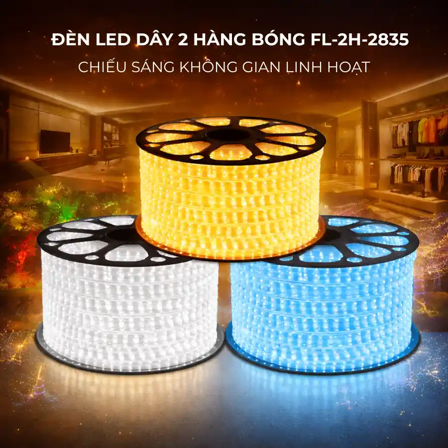Cấu tạo LED dây 2 hàng bóng dùng chip Samsung 2835, vỏ nhựa trong suốt