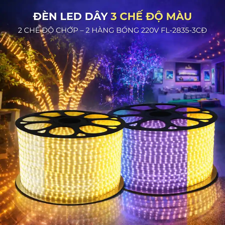 Đèn LED dây 3 chế độ màu 220V FL-2835-3CĐ 2 hàng bóng đổi màu