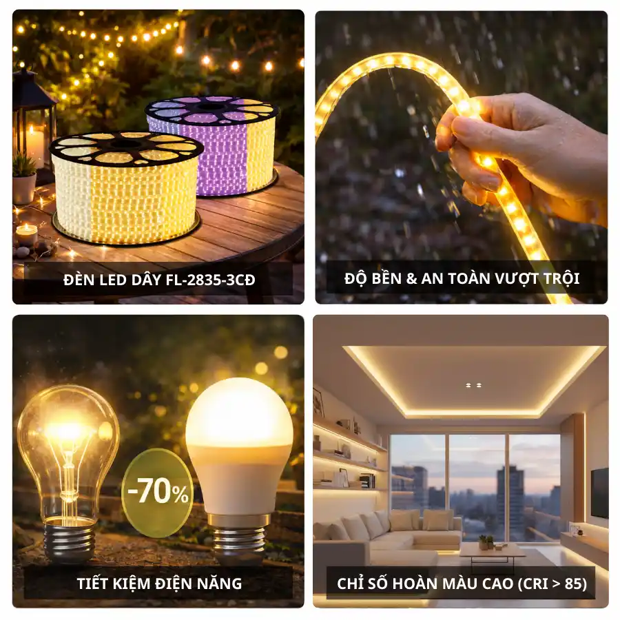 Đèn LED dây 3 chế độ màu FL-2835-3CĐ chống nước IP65, tiết kiệm điện, ánh sáng đẹp