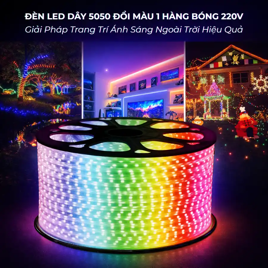 Đèn LED dây 5050 đổi màu 1 hàng bóng 220V FORLIFE cuộn lớn trang trí ngoài trời