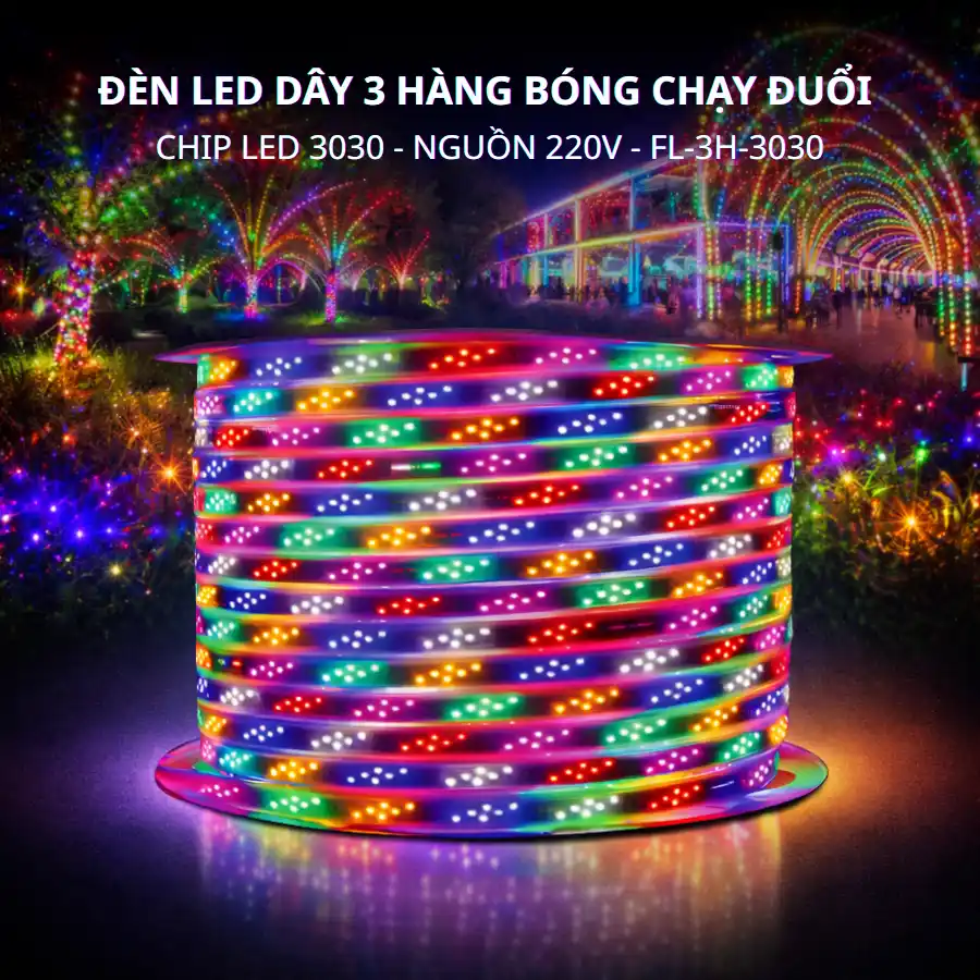 Đèn LED dây chạy đuổi 3 hàng bóng 3030 220V cuộn lớn, ánh sáng RGB nổi bật ban đêm