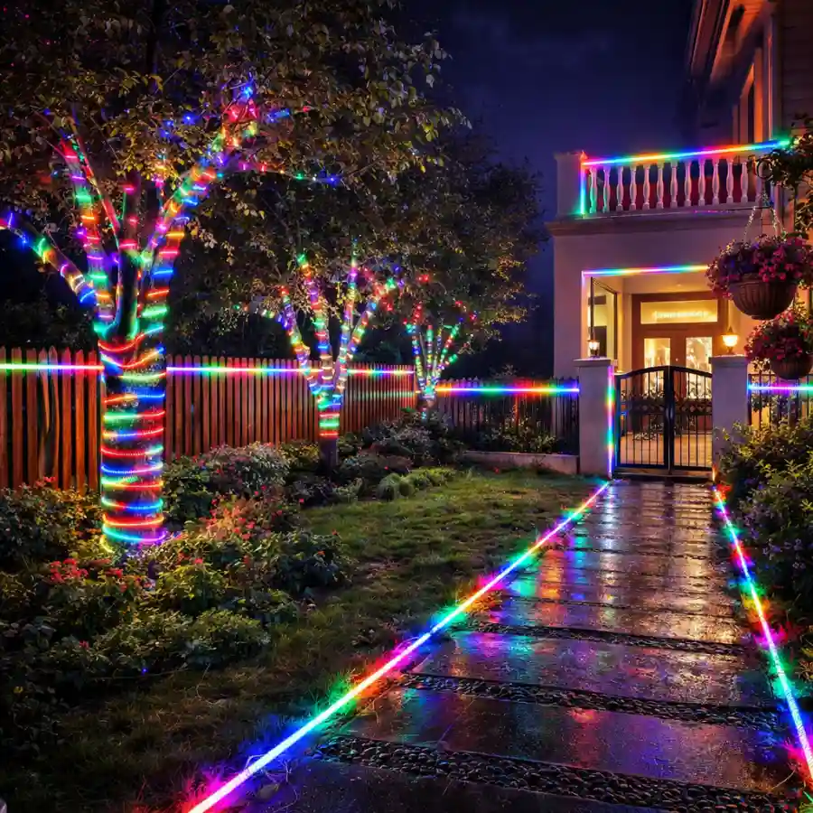 Đèn LED dây chạy đuổi RGB quấn cây và lối đi sân vườn ban đêm