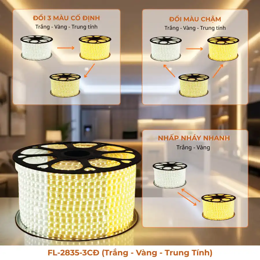 Hình ảnh giới thiệu đèn LED dây 3 chế độ màu 220V FL-2835-3CĐ chính hãng FORLIFE. Sản phẩm nổi bật với khả năng đổi màu linh hoạt, ánh sáng đều, phù hợp trang trí nội thất, ngoại thất và sự kiện.